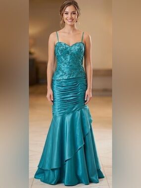 BELLEZA by SAVOY’S  size 4 Teal Beaded Spaghetti-Strap Evening Gown